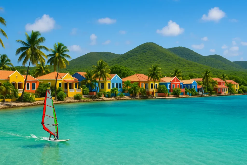 a sailboat on a body of water with colorful houses and mountains in the background